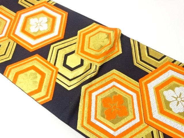 JAPANESE KIMONO / ANTIQUE FLORAL TORTOISESHELL PATTERN WOVEN FUKURO OB